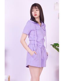 Fine Flap Pocket Top With Cap & Pants Set (Pastel Purple)（Wong angnes）